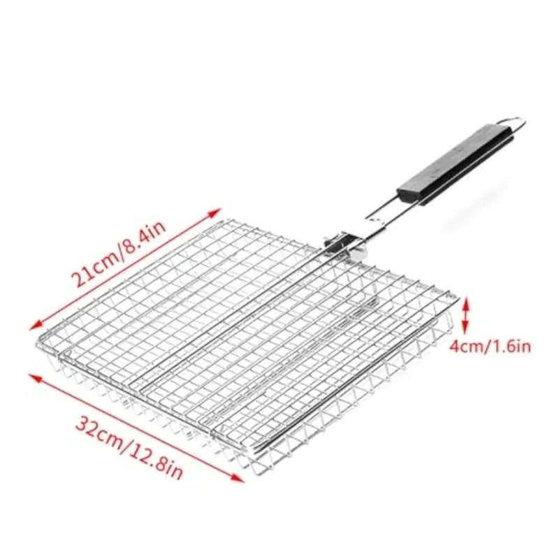 Folding Metal Iron BBQ Grill Basket with Removable Handle, 32 x 21 x 4 cm