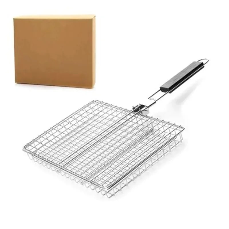 Folding Metal Iron BBQ Grill Basket with Removable Handle, 32 x 21 x 4 cm