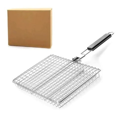 Folding Metal Iron BBQ Grill Basket with Removable Handle, 32 x 21 x 4 cm