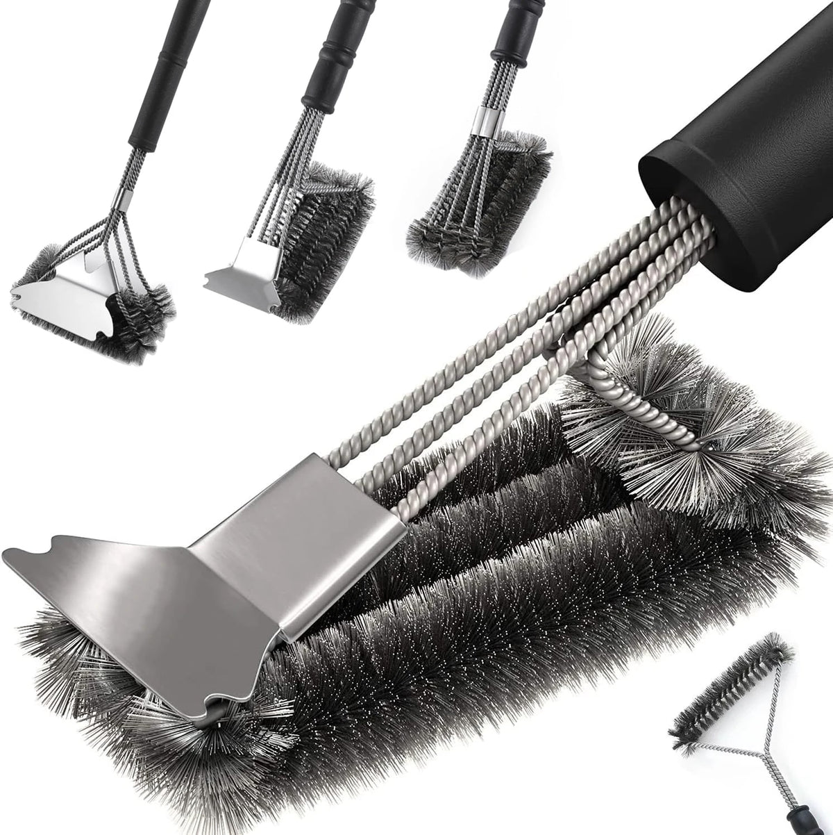 Stainless Steel BBQ Grill Brush with Scraper, Hanging Hook and Non-Slip Handle