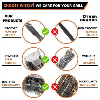 Stainless Steel BBQ Grill Brush with Scraper, Hanging Hook and Non-Slip Handle