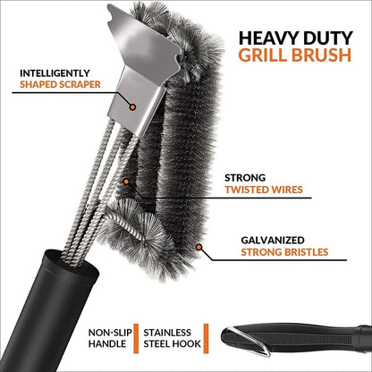 Stainless Steel BBQ Grill Brush with Scraper, Hanging Hook and Non-Slip Handle