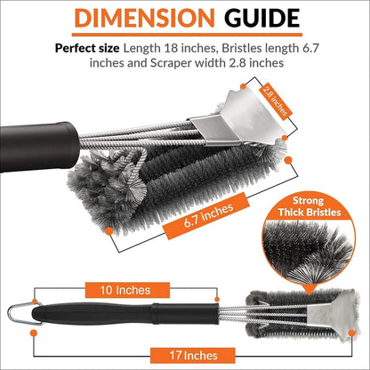 Stainless Steel BBQ Grill Brush with Scraper, Hanging Hook and Non-Slip Handle