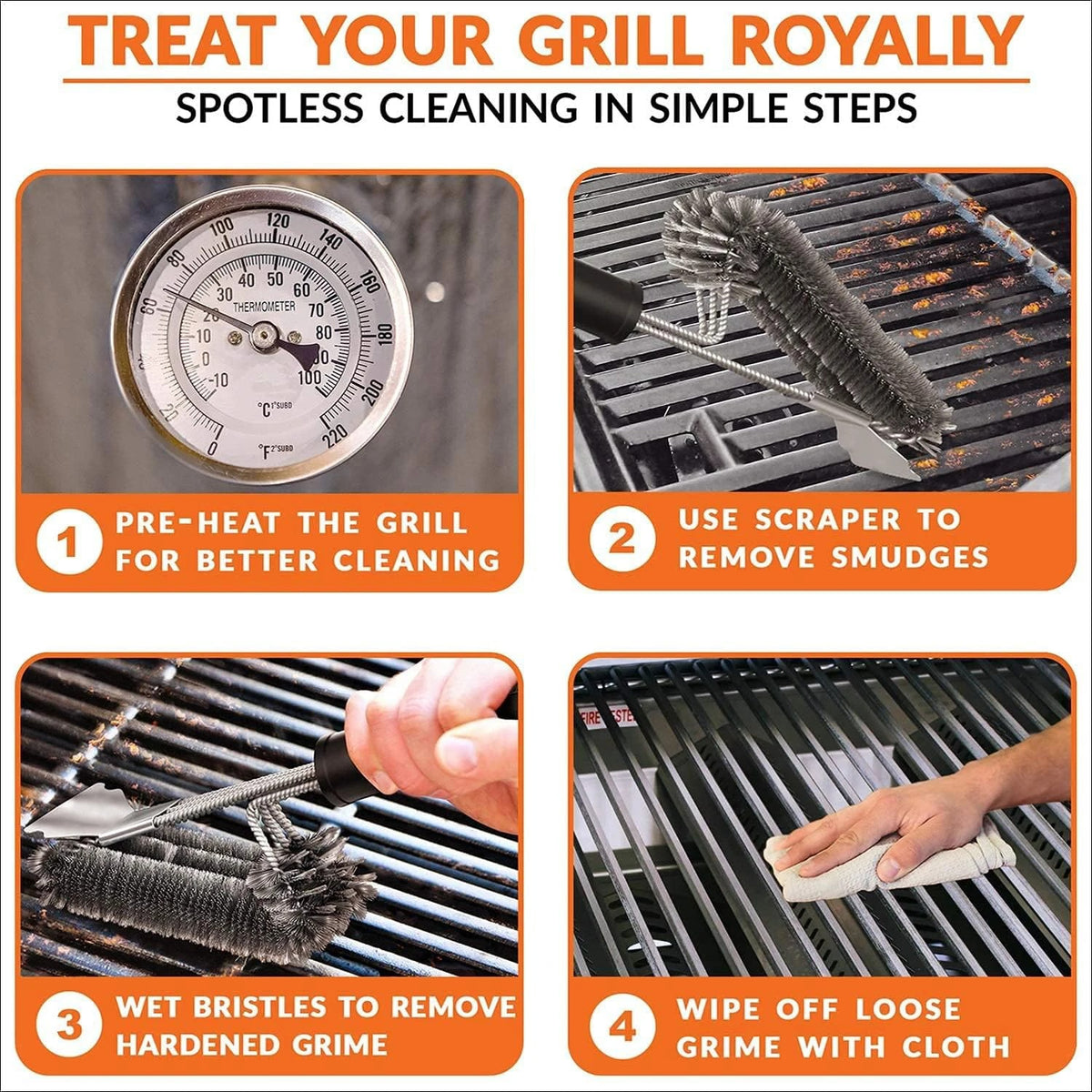 Stainless Steel BBQ Grill Brush with Scraper, Hanging Hook and Non-Slip Handle