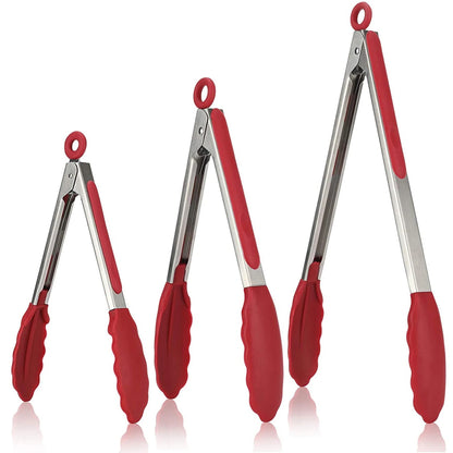 Stainless Steel BBQ Tongs, 3-Piece Set, Silicone Tips, 8/10/13in - Red-3packs