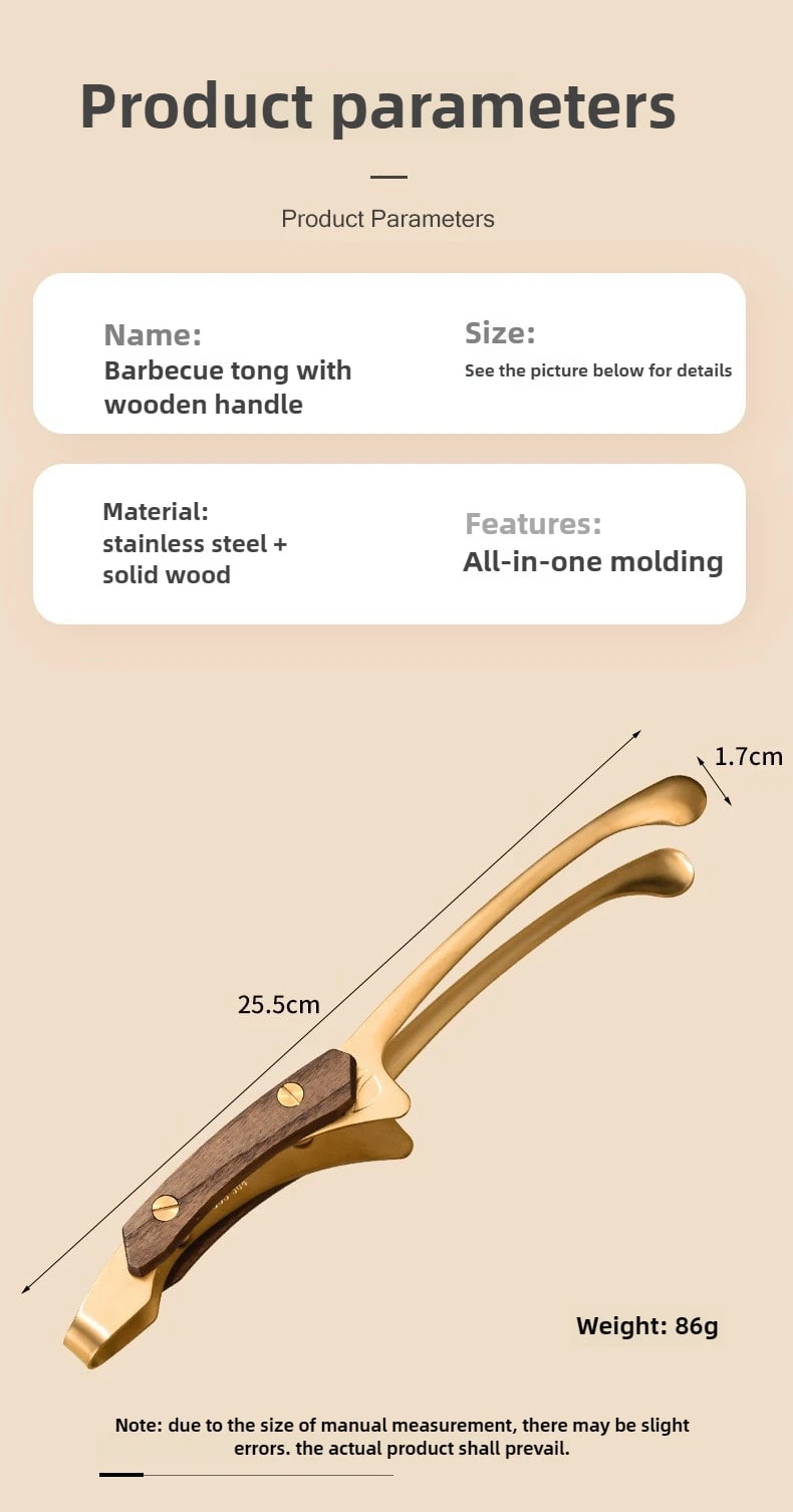 304 Stainless Steel BBQ Tongs with Wooden Handle, Turner Clip, Multiple Options