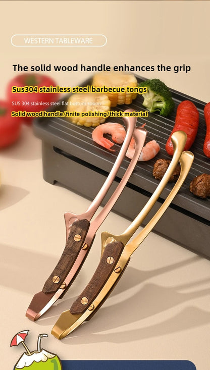 304 Stainless Steel BBQ Tongs with Wooden Handle, Turner Clip, Multiple Options