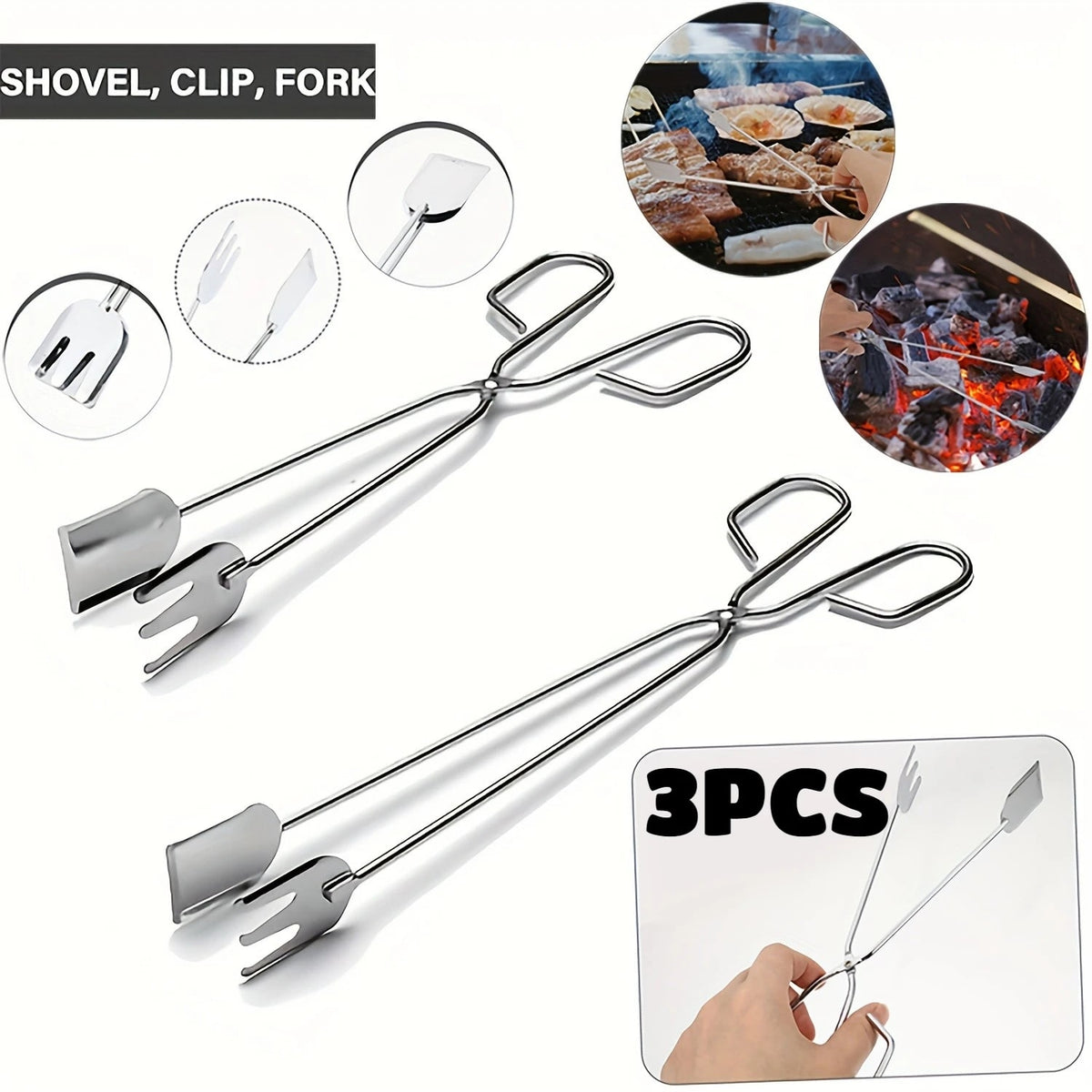 Stainless Steel BBQ Tongs, S/M/L Food Tongs, Silver, 3-Piece Option