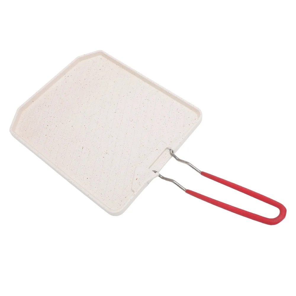 White Metal Grill Pan for BBQ, Square Non-Stick Griddle with Foldable Handle 22.5 x 19.5cm