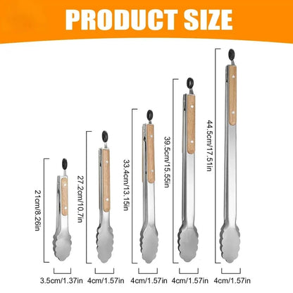 Stainless Steel Cooking Tongs with Wooden Handle for BBQ and Grilling, 27.2-44.5cm