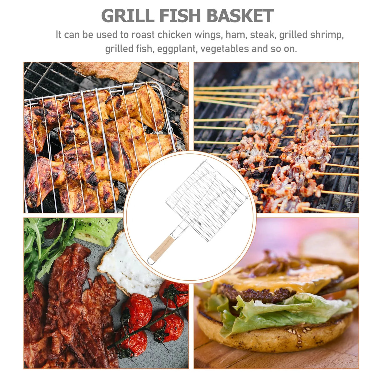 Black Plastic BBQ Grill Basket with Handle, 43.5 x 22.5 cm