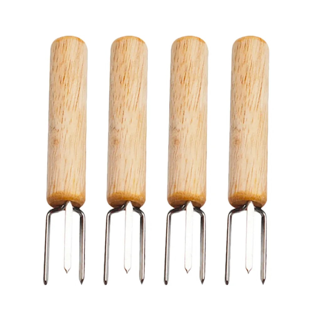 Corn Holders, 4-Piece Stainless Steel Forks with Wooden Handles, 10 cm