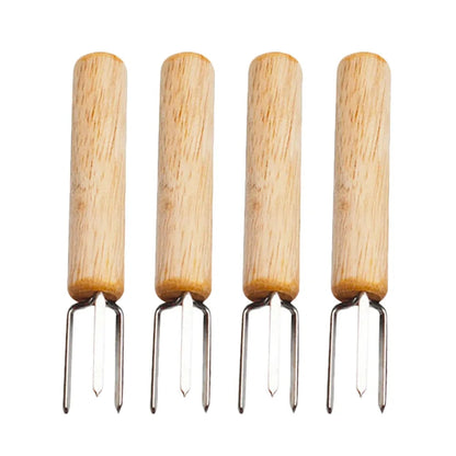 Corn Holders, 4-Piece Stainless Steel Forks with Wooden Handles, 10 cm