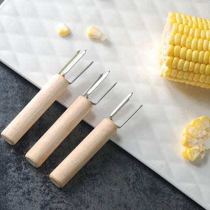 Corn Holders, 4-Piece Stainless Steel Forks with Wooden Handles, 10 cm