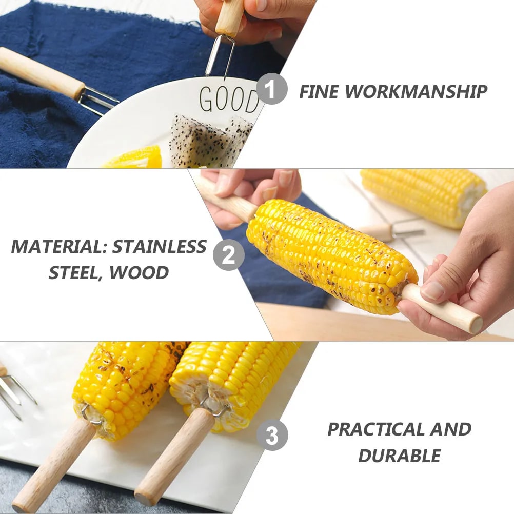 Corn Holders, 4-Piece Stainless Steel Forks with Wooden Handles, 10 cm
