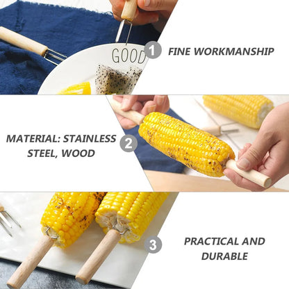 Corn Holders, 4-Piece Stainless Steel Forks with Wooden Handles, 10 cm