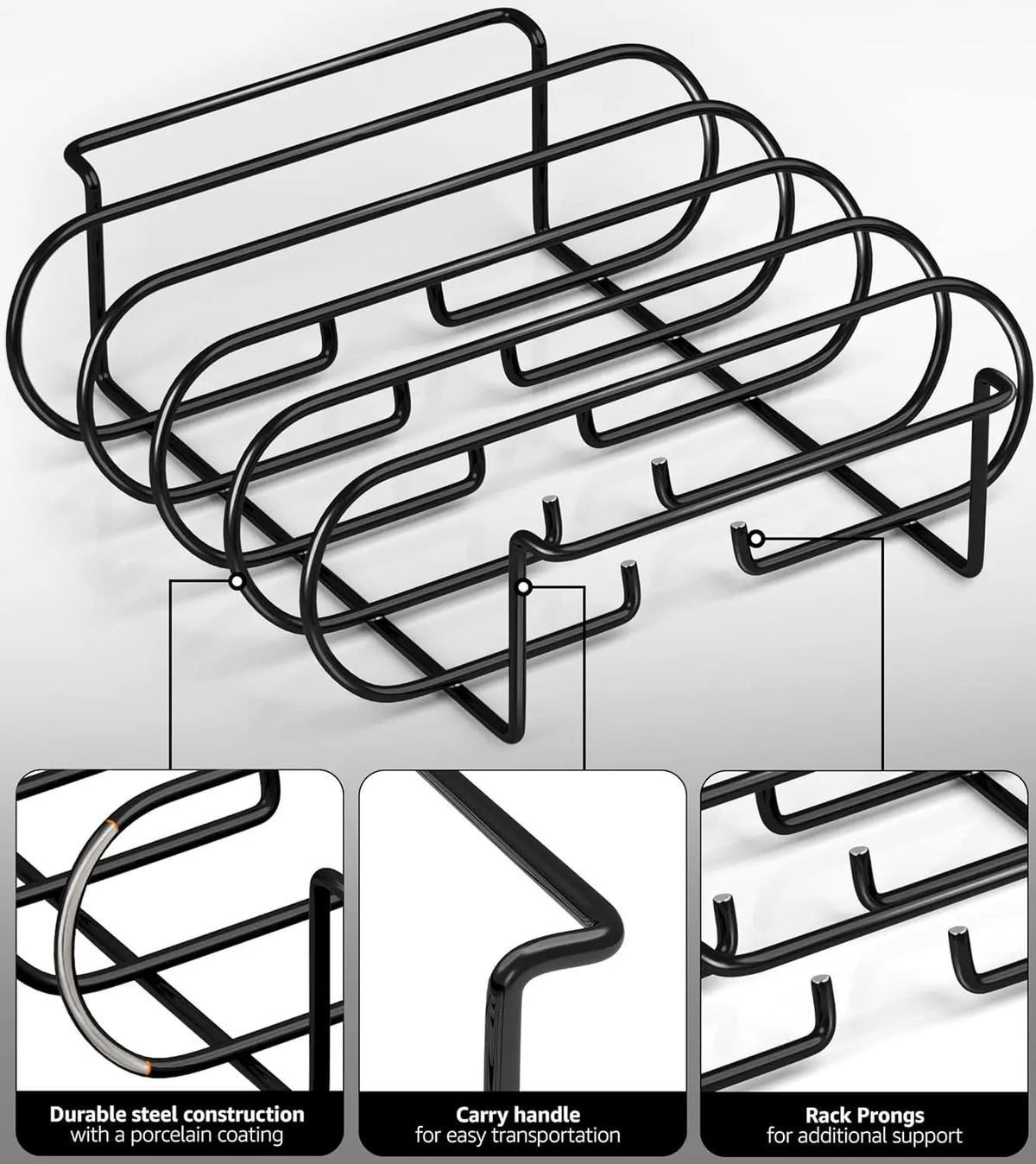 BBQ Rib Rack for 4 Ribs, Metal Barbecue Roasting Stand, 31.3 x 25.3 x 7.3 cm