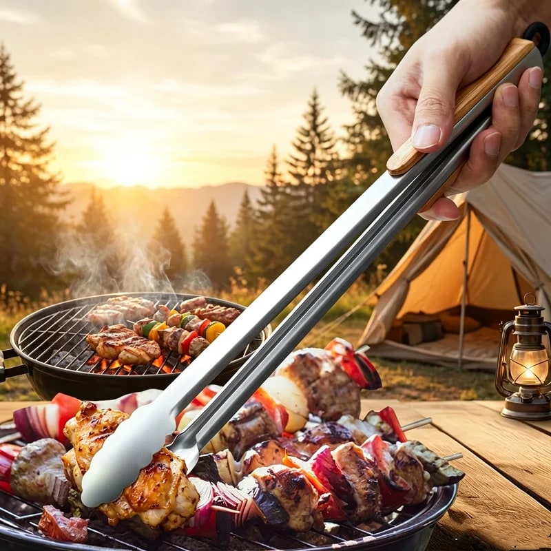Stainless Steel BBQ Tongs with Wooden Handle, 9 to 16 Inch Sizes