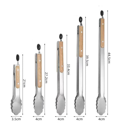 Stainless Steel BBQ Tongs with Wooden Handle, 9 to 16 Inch Sizes