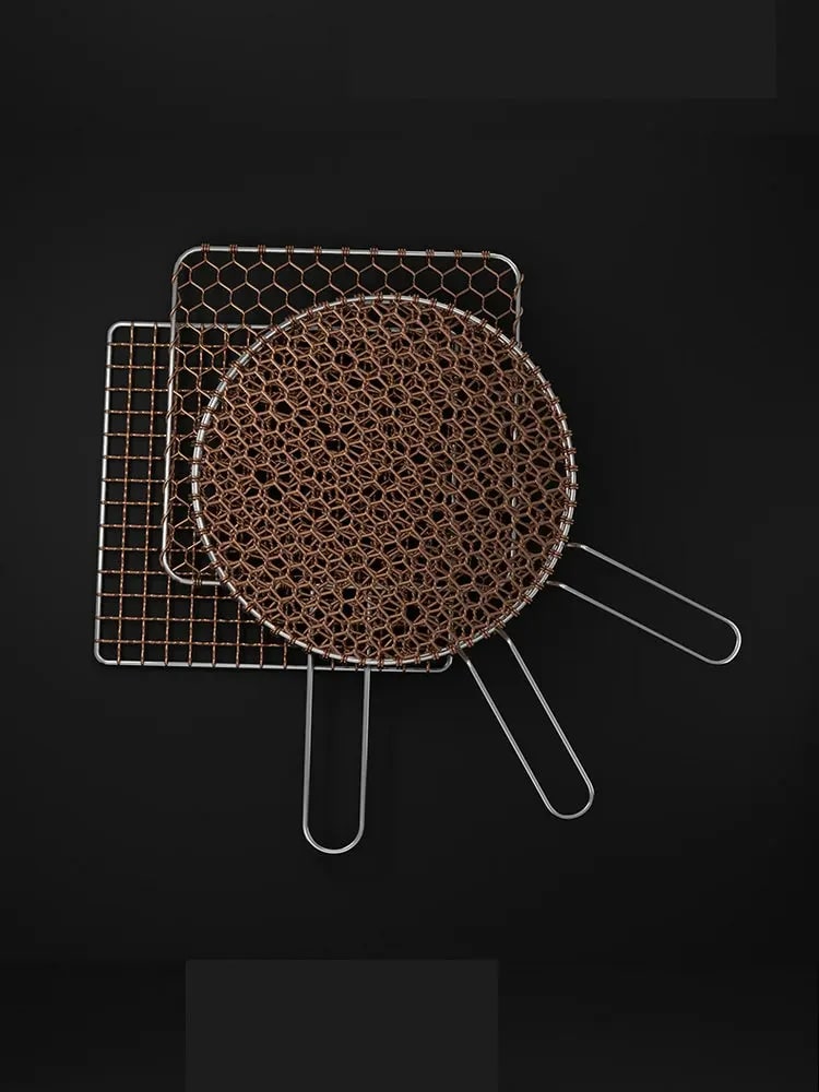 Copper Wire BBQ Grill Mesh with Optional Handle, Round or Rectangular, 24.5-33cm