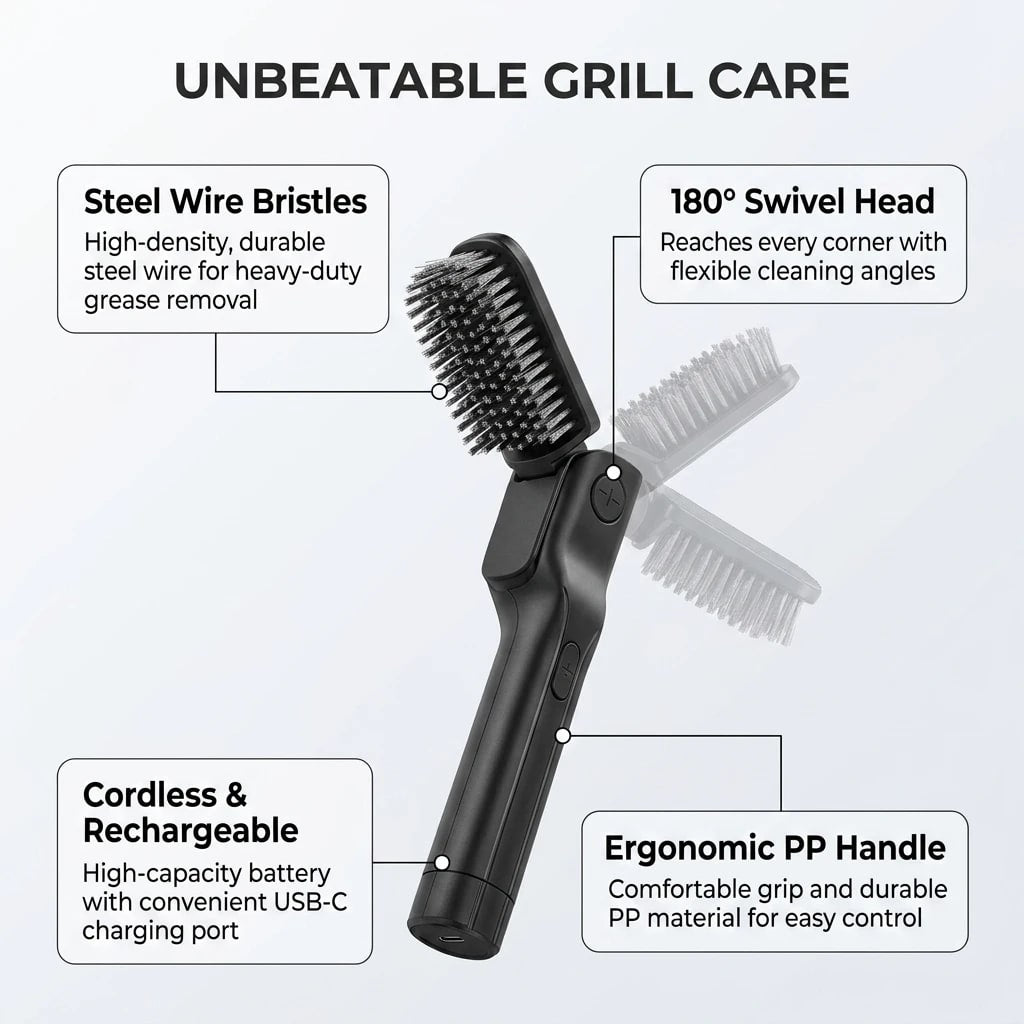Electric BBQ Grill Brush Cleaner with Steel Wire Bristles, 180° Adjustable Head and USB-C Charging