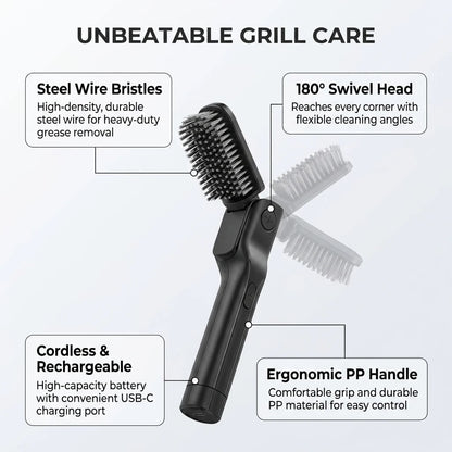 Electric BBQ Grill Brush Cleaner with Steel Wire Bristles, 180° Adjustable Head and USB-C Charging