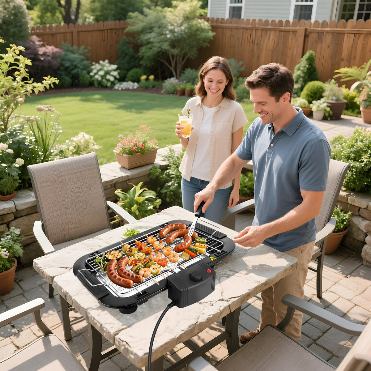 1500W Electric Smokeless Grill with 5-Speed Control, Removable Rack and Drip Tray