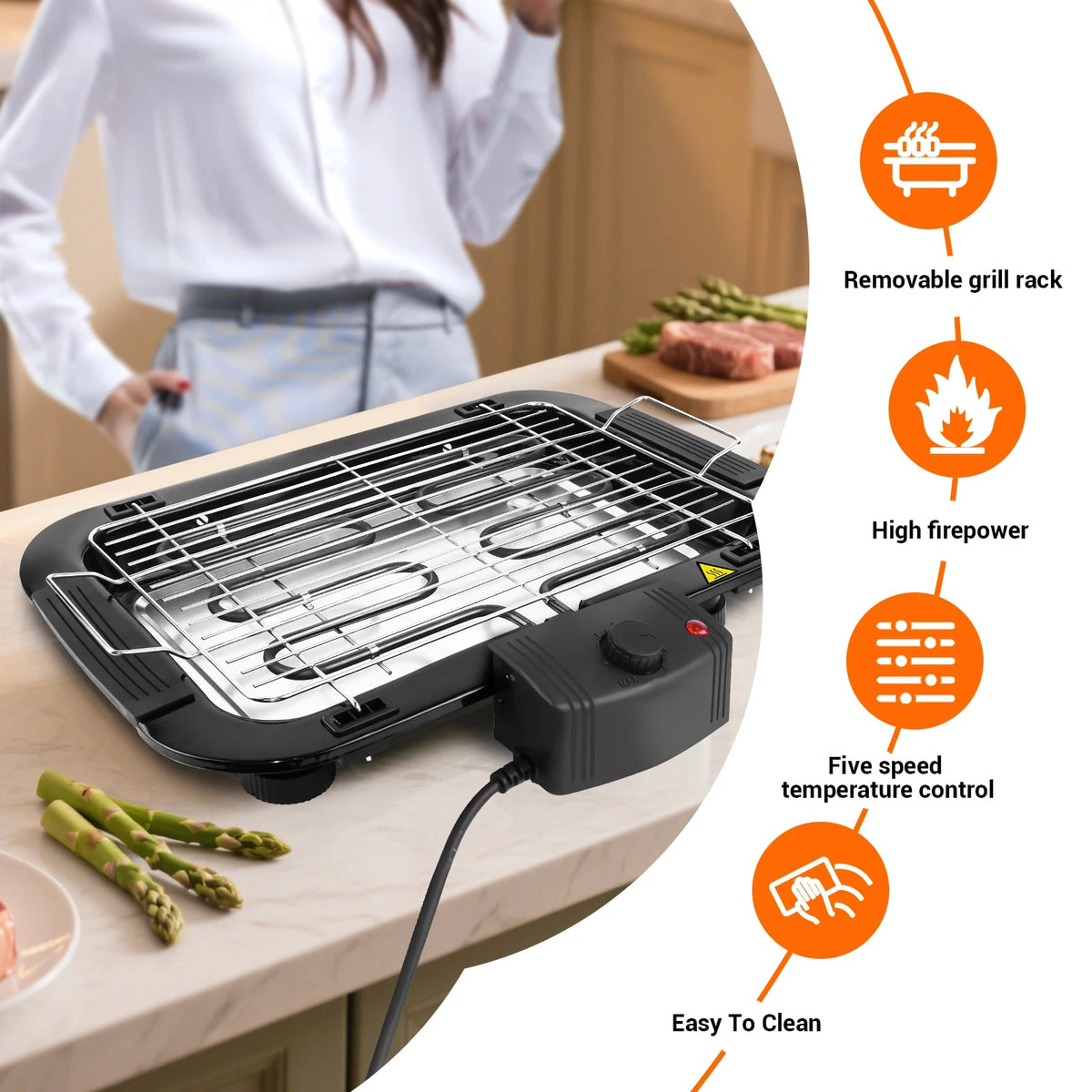 1500W Electric Smokeless Grill with 5-Speed Control, Removable Rack and Drip Tray
