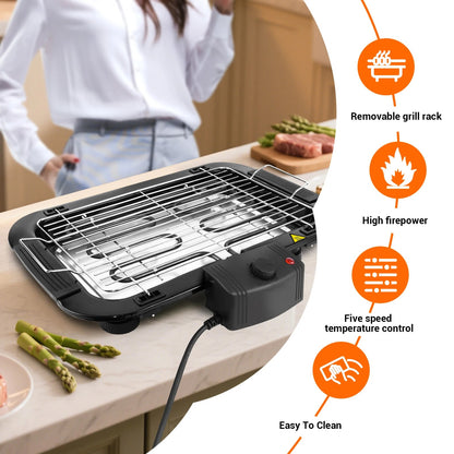 1500W Electric Smokeless Grill with 5-Speed Control, Removable Rack and Drip Tray