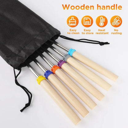 6-Pack Telescoping Stainless Steel BBQ Roasting Forks with Wooden Handles