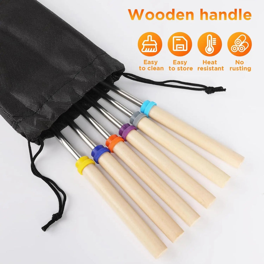 6-Pack Telescoping Stainless Steel BBQ Roasting Forks with Wooden Handles