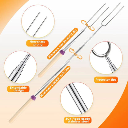 6-Pack Telescoping Stainless Steel BBQ Roasting Forks with Wooden Handles
