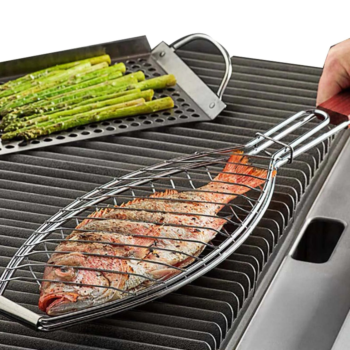 Folding Fish Grill Basket, Metal Barbecue Basket, 62.5cm Portable