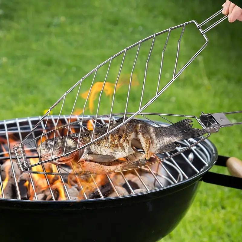 Folding Fish Grill Basket, Metal Barbecue Basket, 62.5cm Portable