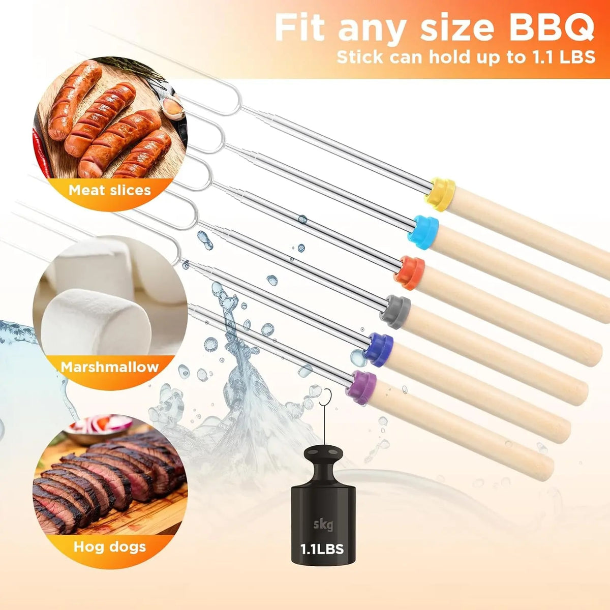 6-Pack Telescoping Stainless Steel BBQ Roasting Forks with Wooden Handles