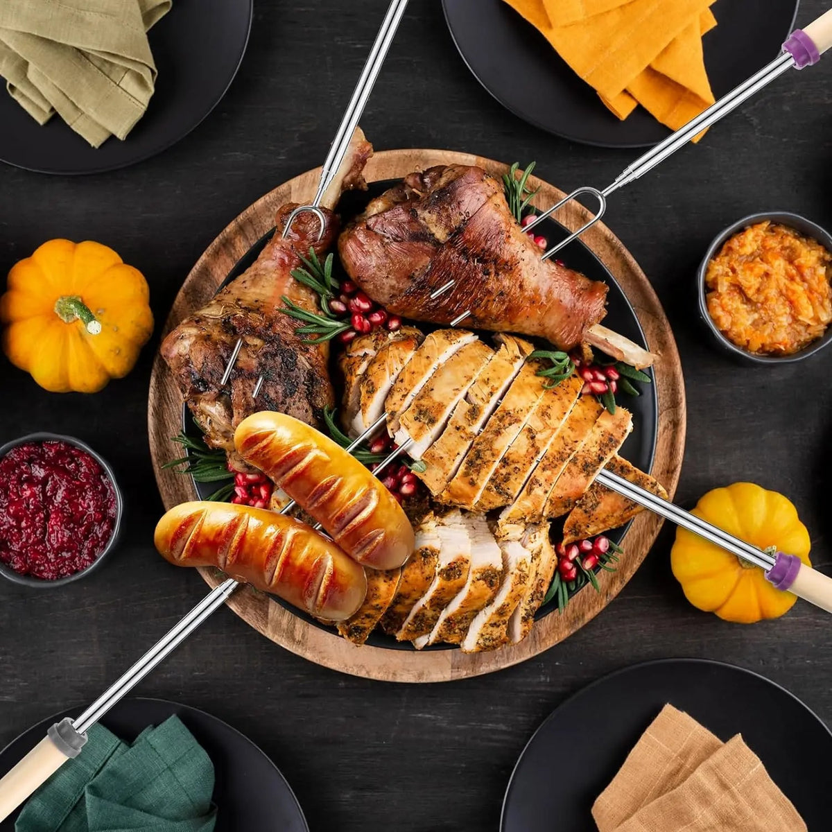 6-Pack Telescoping Stainless Steel BBQ Roasting Forks with Wooden Handles