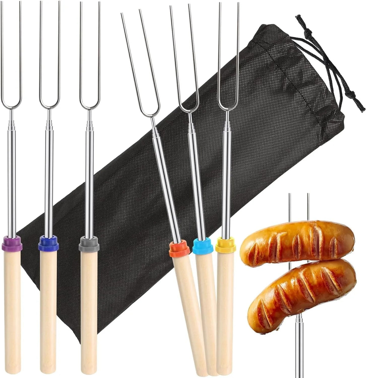 6-Pack Telescoping Stainless Steel BBQ Roasting Forks with Wooden Handles