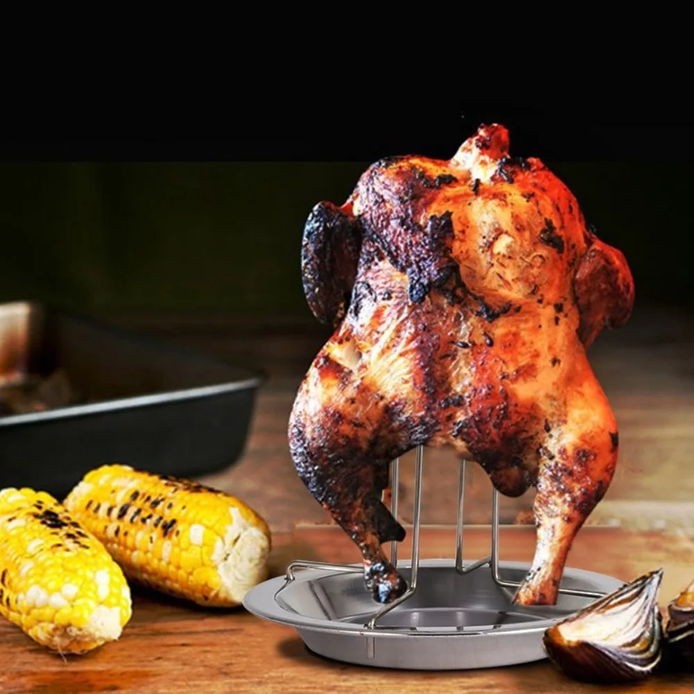 Stainless Steel Chicken Roasting Grill Stand with Bowl, 16.5 x 17 x 2cm