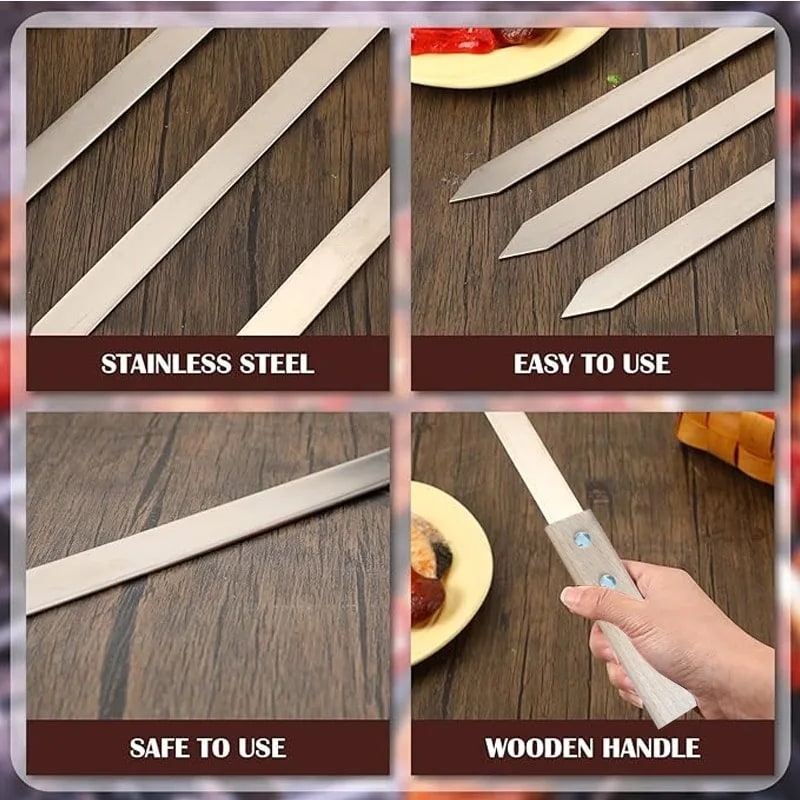 Koobideh Kebab Skewers, Stainless Steel, Wooden Handle, 410 x 23 x 2mm