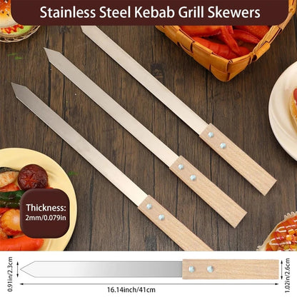 Koobideh Kebab Skewers, Stainless Steel, Wooden Handle, 410 x 23 x 2mm