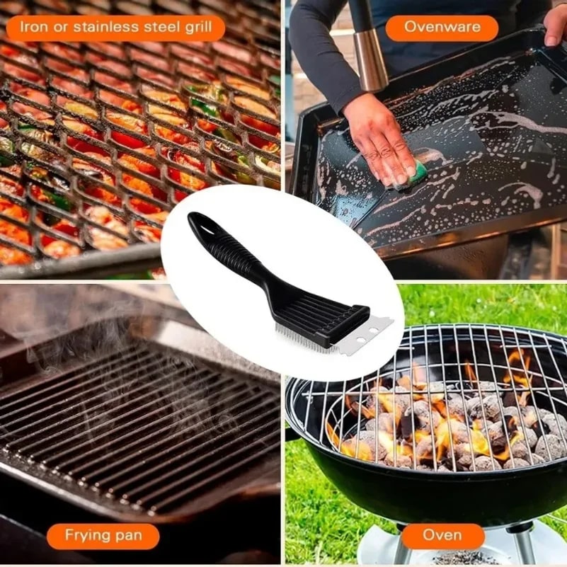 8 Inch Stainless Steel Grill Brush with Scraper and Non-Slip Handle