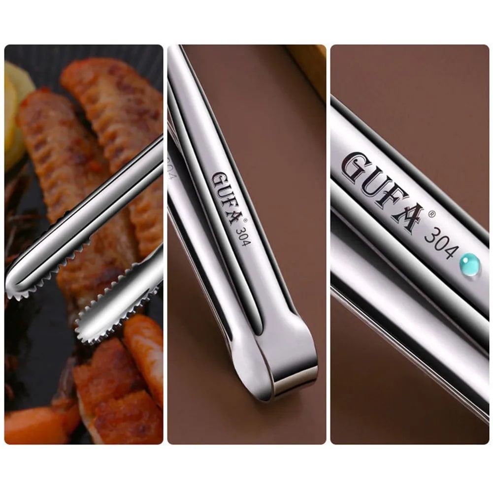 304 Stainless Steel BBQ Tongs, Serrated Food Serving Clips, S-M-L