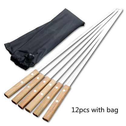 60cm Metal BBQ Skewers with Wooden Handles, Carry Bag, 6 or 12 Pack - 12pcs with bag