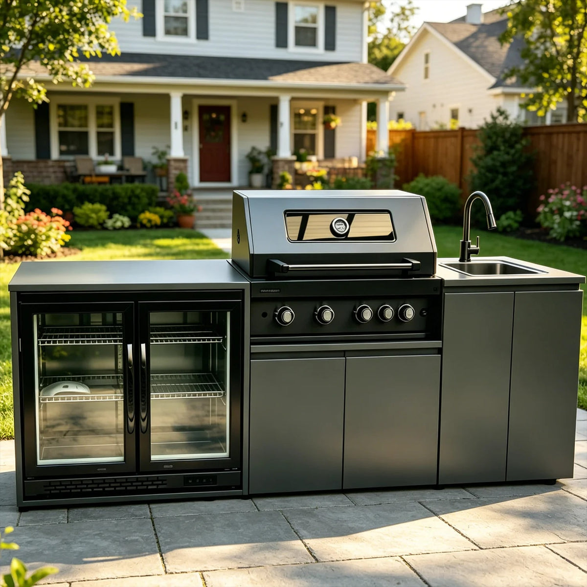 Modular Stainless Steel Outdoor Kitchen Cabinet System with Grill, Sink and Fridge, 2.37m or Custom-made