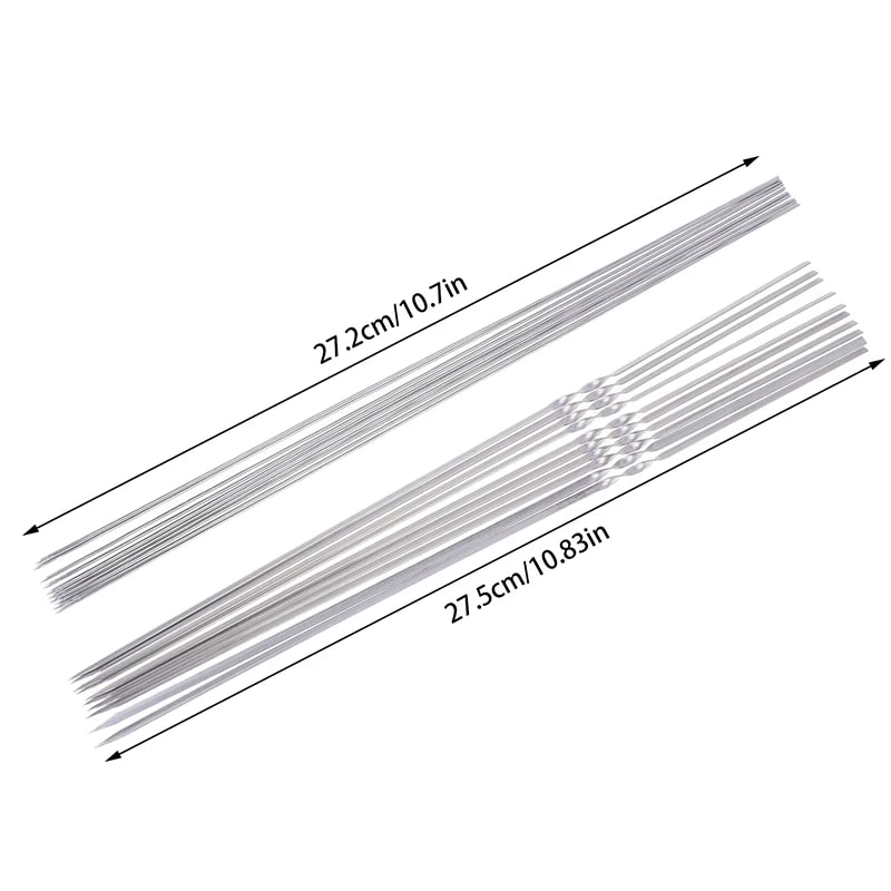 10-Piece Metal BBQ Skewer Fork Set, Reusable Grill Sticks, 27.2cm or 27.5cm