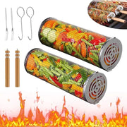 Rolling BBQ Grill Basket with Removable Wooden Handle, Stainless Steel, S or L