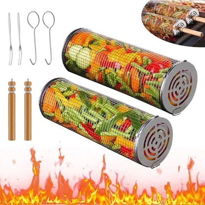 Rolling BBQ Grill Basket with Removable Wooden Handle, Stainless Steel, S or L