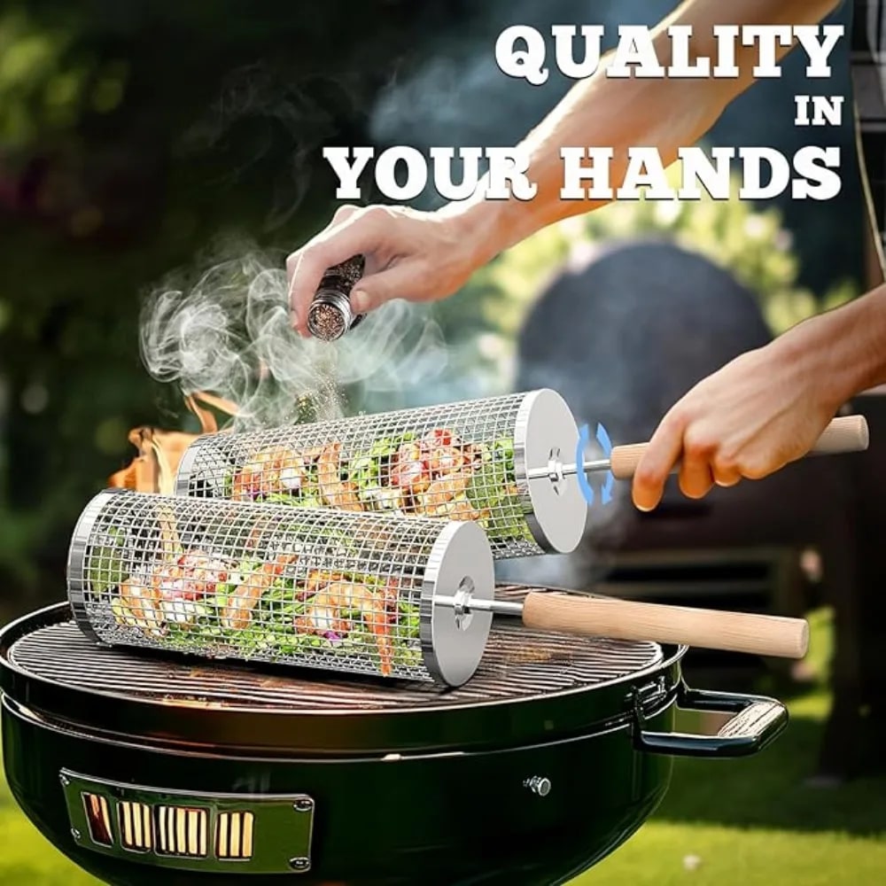 Rolling BBQ Grill Basket with Removable Wooden Handle, Stainless Steel, S or L