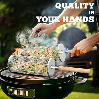 Rolling BBQ Grill Basket with Removable Wooden Handle, Stainless Steel, S or L