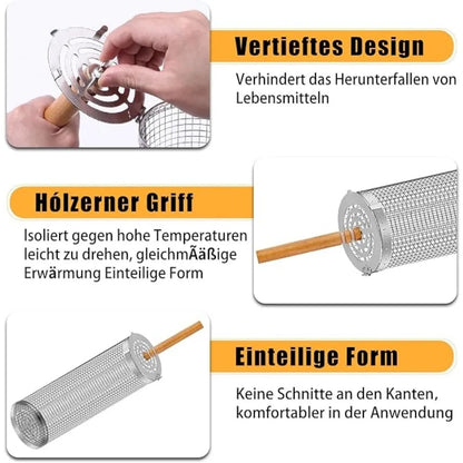 Rolling BBQ Grill Basket with Removable Wooden Handle, Stainless Steel, S or L